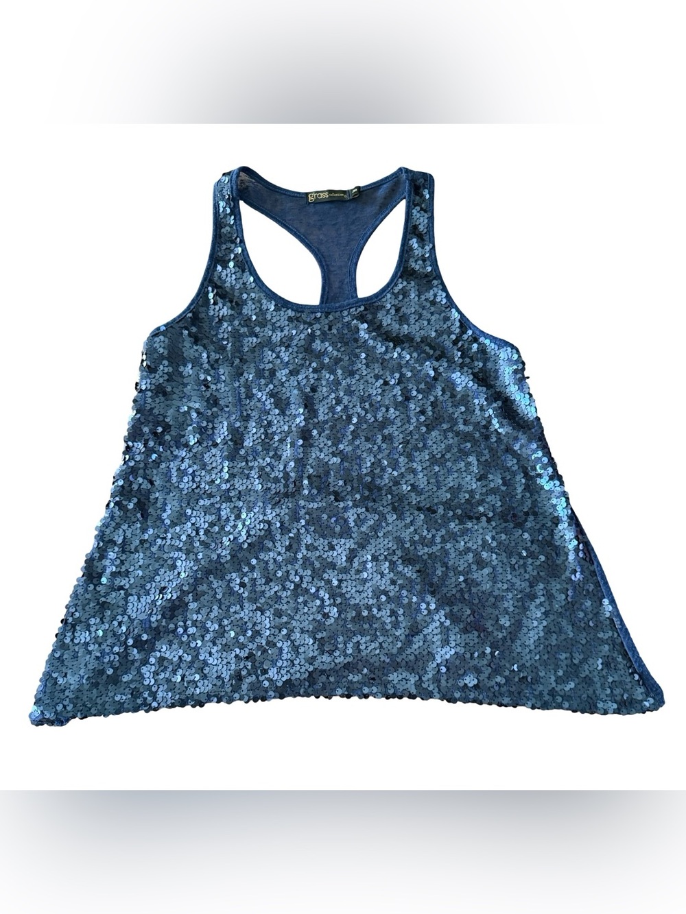 Grass Collection Blue Sequin Racerback Swing Tank Top Y2K Glam Small
